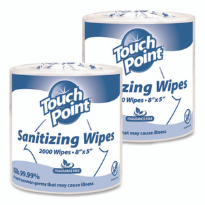 Touch Point Hand Sanitizing Wipes Refill, 5 x 8, Fragrance Free, White, 2,000 Wipes/Roll, 2 Rolls/Carton View Product Image