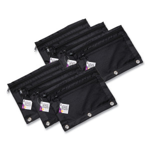 Charles Leonard Two-Pocket Binder-Insertable Pencil Pouch with Mesh Front, 2 Compartments, 3-Hole Punched, 11" x 9", Black, 6/Pack View Product Image