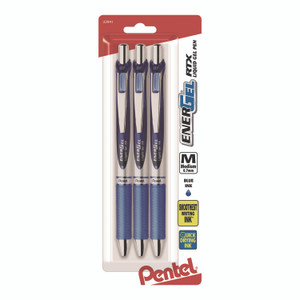 Pentel EnerGel RTX Gel Pen, Retractable, Medium 0.7 mm, Blue Ink, Blue/Silver Barrel, 3/Pack View Product Image