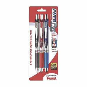 Pentel EnerGel RTX Deluxe Gel Pen, Retractable, Medium 0.7 mm, Assorted Ink and Barrel Colors, 3/Pack View Product Image