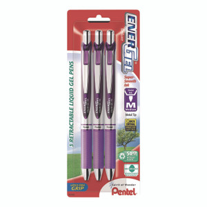 Pentel EnerGel RTX Deluxe Gel Pen, Retractable, Medium 0.7 mm, Purple Ink, Purple/Silver Barrel, 3/Pack View Product Image