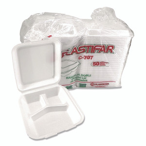Plastifar Foam Hinged Lid Containers, 3-Compartment, 7.56 x 8.25 x 2.38, White, Foam, 200/Carton View Product Image