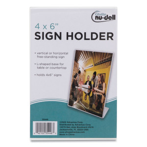 NuDell Clear Plastic Slanted L-Shaped Countertop Sign Holder, Side-Load, Horizontal/Vertical Orientation, 4 x 6 Insert View Product Image