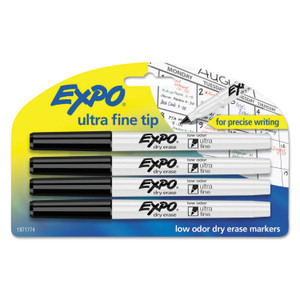 EXPO Low-Odor Dry-Erase Marker, Extra-Fine Bullet Tip, Black, 4/Pack View Product Image