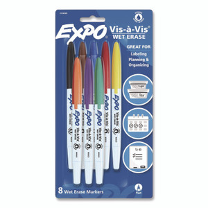 EXPO Vis--Vis Wet Erase Marker, Fine Bullet Tip, Assorted Colors, 8/Pack View Product Image
