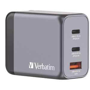 Verbatim 65 W 3-Port GaN Wall Charger, Black/Gray View Product Image