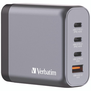 Verbatim 140 W 4-Port GaN Wall Charger, Black/Gray View Product Image