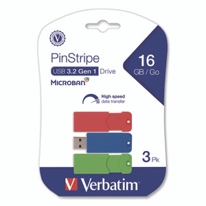Verbatim PinStripe USB 3.2 Flash Drive, 16 GB, Blue/Green/Red, 3/Pack View Product Image