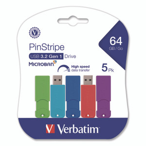 Verbatim PinStripe USB 3.2 Flash Drive, 64 GB, Assorted Colors, 5/Pack View Product Image