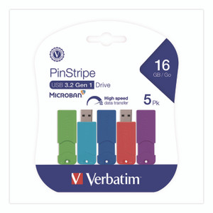 Verbatim PinStripe USB 3.0 Flash Drive, 16 GB, Assorted Colors, 5/Pack View Product Image