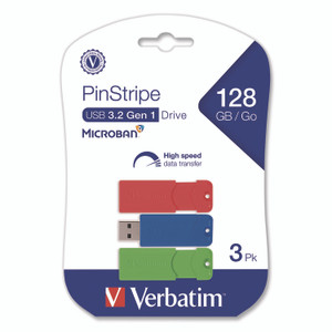 Verbatim PinStripe USB 3.0 Flash Drive, 128 GB, Blue/Green/Red, 3/Pack View Product Image