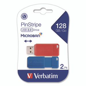 Verbatim PinStripe USB 2.0 Flash Drive, 128 GB, Blue/Red, 2/Pack View Product Image