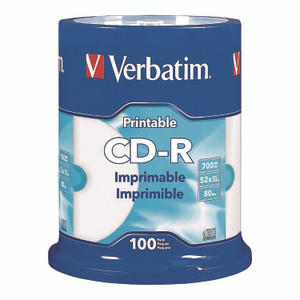 Verbatim CD-R Printable Recordable Disc, 700 MB/80 min, 52x, Spindle, White, 100/Pack VER98493 View Product Image
