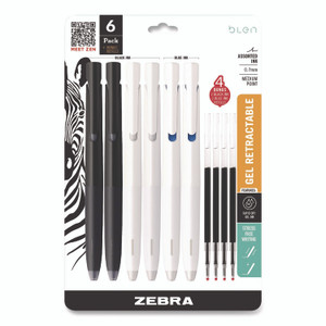 Zebra bLen Gel Pen, Medium 0.7 mm, Black; Blue Ink, White; Black Barrel, 6/Pack View Product Image