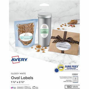 Avery Glossy White Oval Labels1" x 2" - Waterproof - 1 1/2" Width x 2 1/2" Length - Permanent Adhesive - Oval - Inkjet, Laser Product Image 