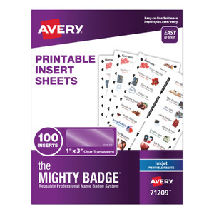 Avery The Mighty Badge Name Badge Inserts, 1 x 3, Clear, Inkjet, 20/Sheet, 5 Sheets/Pack (AVE71209) View Product Image
