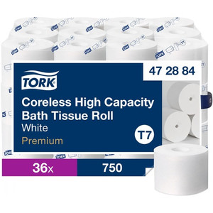 TORK Coreless High-Capacity Toilet Paper Roll White T7 - 2 Ply4" Length - 750 Sheets/Roll - 4.75" Roll Diameter - White - Paper Product Image 