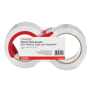 Universal Heavy-Duty Acrylic Box Sealing Tape with Dispenser, 3" Core, 1.88" x 54.6 yds, Clear, 2/Pack (UNV31102) View Product Image