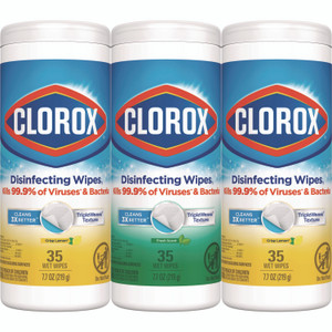 Clorox Disinfecting Wipes, 1-Ply, 7 x 8, Fresh Scent/Citrus Blend, White, 35/Canister, 3 Canisters/Pack View Product Image