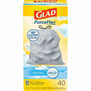 Glad ForceFlex Tall Kitchen Drawstring Trash Bags - Fresh Clean with Febreze Freshness - 13 gal Capacity - 27.38" Length x 24" Width x 1.05 mil (27 Micron) Thickness - Drawstring Closure - White - (CLO78361) Product Image 