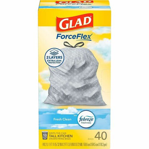 Glad ForceFlex Tall Kitchen Drawstring Trash Bags - Fresh Clean with Febreze Freshness - 13 gal Capacity - 27.38" Length x 24" Width x 1.05 mil (27 Micron) Thickness - Drawstring Closure - White - (CLO78361) Product Image 