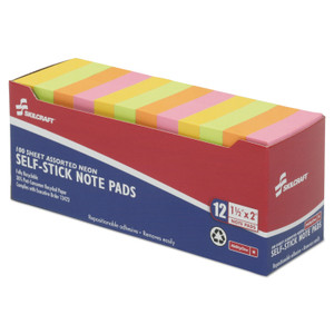 AbilityOne 7530013857560, SKILCRAFT Self-Stick Note Pads, 1.5" x 2", Assorted Neon Colors, 100 Sheets/Pad, 12 Pads/Pack View Product Image