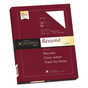 Southworth 100% Cotton Resume Paper, 95 Bright, 24 lb Bond Weight, 8.5 x 11, White, 100/Pack (SOUR14CF) View Product Image