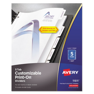 Avery Customizable Print-On Dividers, 3-Hole Punched, 5-Tab, 11 x 8.5, White, 1 Set (AVE11511) View Product Image