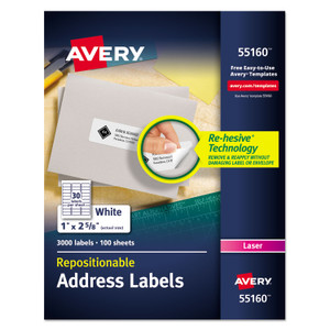 Avery Repositionable Address Labels w/SureFeed, Laser, 1 x 2.63, White, 3000/Box (AVE55160) View Product Image