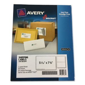 AbilityOne 7530016736511, SKILCRAFT Shipping Label with Paper Receipt, Laser Printers, 5.06 x 7.63, White, 50/Pack Product Image 