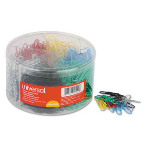 Universal Plastic-Coated Paper Clips with Six-Compartment Dispenser Tub, #3, Assorted Colors, 1,000/Pack View Product Image