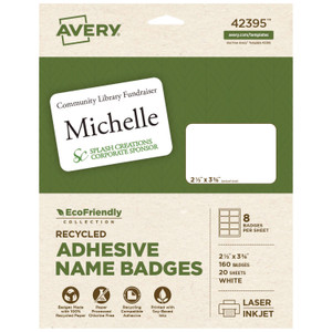 Avery EcoFriendly Adhesive Name Badge Labels, 3.38 x 2.33, White, 160/Box View Product Image