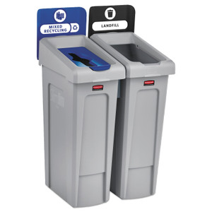 Rubbermaid Commercial Slim Jim Recycling Station Kit, 2-Stream Landfill/Mixed Recycling, 46 gal, Plastic, Blue/Gray (RCP2007914) View Product Image
