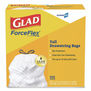 Glad CloroxPro ForceFlex Tall Kitchen Drawstring Trash Bags, 13 gal, 24 x 27.38, Gray, 100/Box View Product Image