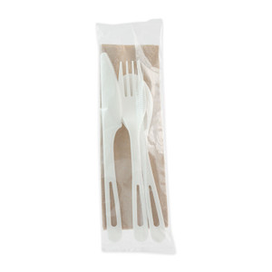 World Centric TPLA Compostable Cutlery Kit, Fork/Knife/Napkin/Spoon, Plastic, White, 250/Carton View Product Image