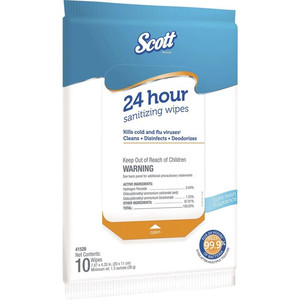Scott 24 Hour Sanitizing Wipes - Fresh Scent - 7.87" Length x 4.33" Width - Bleach-free, Antibacterial, Rinse-free - White - 10/Pack Product Image 