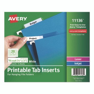 Avery Tabs Inserts For Hanging File Folders, 1/5-Cut, White, 2" Wide, 100/Pack View Product Image