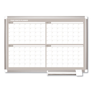 MasterVision Magnetic Dry Erase Calendar Board, Four-Month Planning/Scheduling, 36" x 24", White Surface, Satin Aluminum Frame View Product Image