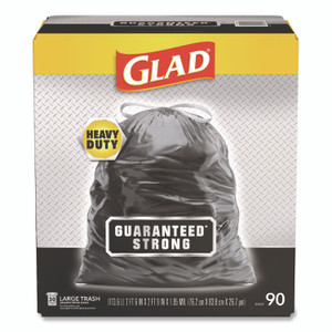 Glad Guaranteed Strong Large Drawstring Trash Bags, Three-Ply, 30 gal, 1.05 mil, 30" x 33", Black, 90/Carton View Product Image