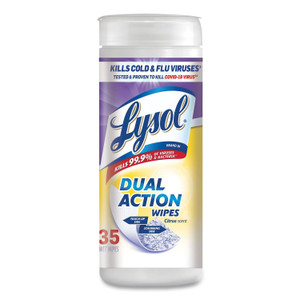 LYSOL Brand Dual Action Disinfecting Wipes, 1-Ply, 7 x 7.5, Citrus, White/Purple, 35/Canister, 12 Canisters/Carton (RAC81143CT) View Product Image