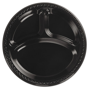 Chinet Heavyweight Plastic 3-Compartment Plates, 10.25" dia, Black, 125/Pack, 4 Packs/Carton View Product Image
