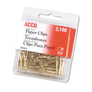 ACCO Gold Tone Paper Clips, #2, Smooth, Gold, 100/Box (ACC72533) View Product Image