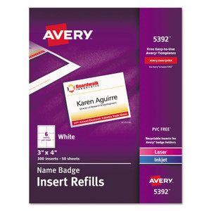 Avery Name Badge Insert Refills, Horizontal/Vertical, 3 x 4, White, 300/Box (AVE5392) View Product Image