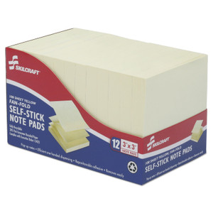 AbilityOne 7530013526616, SKILCRAFT Fan-Fold Self-Stick Note Pad, 3" x 3", Yellow, 100 Sheets/Pad, 12 Pads/Pack View Product Image