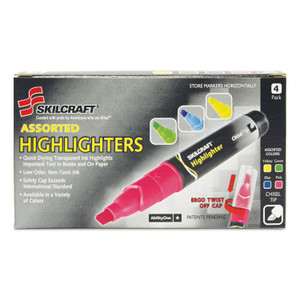 AbilityOne 7520013837938, SKILCRAFT Large Fluorescent Highlighter, Assorted Ink Colors, Chisel Tip, Assorted Barrel Colors, 4/Set View Product Image
