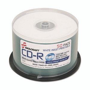 AbilityOne 7045015992655, SKILCRAFT Recordable Compact Disc, CD-R, 700 MB/80 min, 52x, Spindle, White, 50/Pack Product Image 
