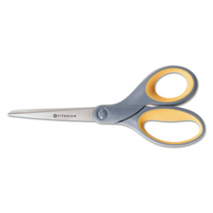 AbilityOne 5110016296575 SKILCRAFT Westcott Titanium Bonded Scissors, 8" Long, 3.5" Cut Length, Straight Gray/Yellow Handle View Product Image