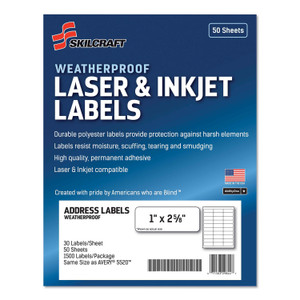 AbilityOne 7530016736516, SKILCRAFT Weatherproof Mailing Labels, Laser Printers, 1 x 2.63, White, 30/Sheet, 50 Sheets/Box Product Image 