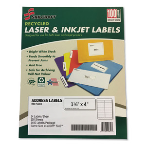 AbilityOne 7530016736513, SKILCRAFT Recycled Laser and Inkjet Labels, Inkjet/Laser Printers, 1.33 x 4, White, 14/Sheet, 100 Sheets/Box Product Image 