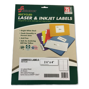 AbilityOne 7530016736514, SKILCRAFT Recycled Laser and Inkjet Labels, Inkjet/Laser Printers, 1.33 x 4, White, 14/Sheet, 25 Sheets/Pack View Product Image